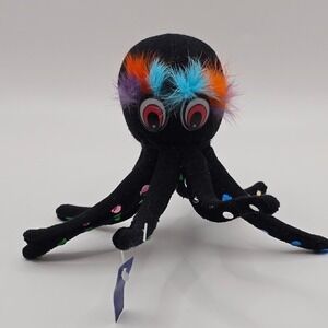 Vintage‎ Poseable Octopus Plush Black with Colorful Dots Feathers Handmade